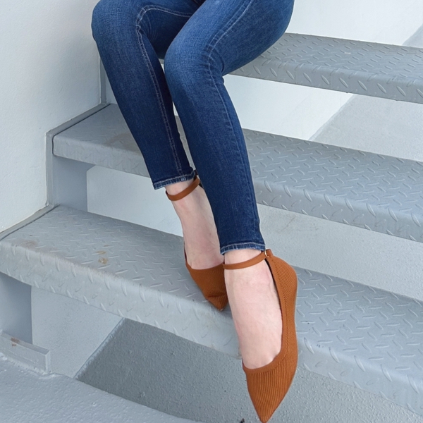 Knit Pointed Toe Ankle Strap Flats - TAN - 2